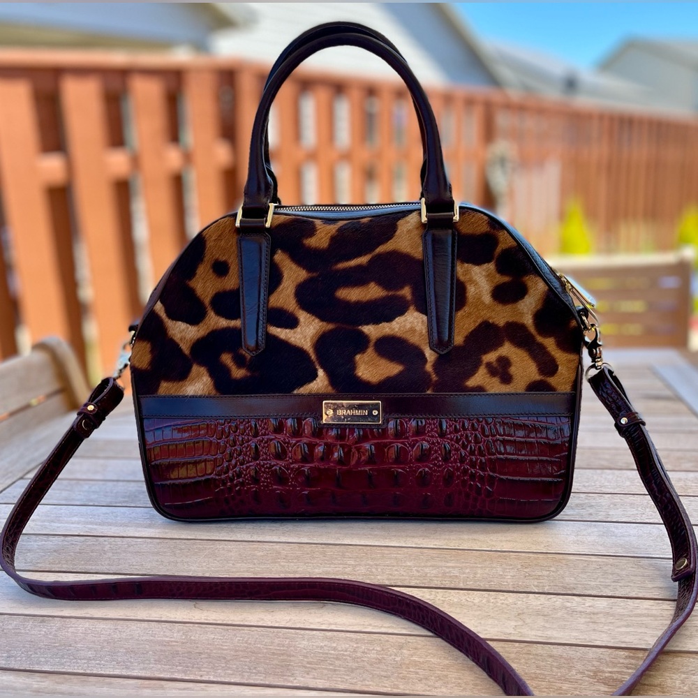 Brahmin Hudson Satchel Wine Granada Calf-Hair Leather Bag